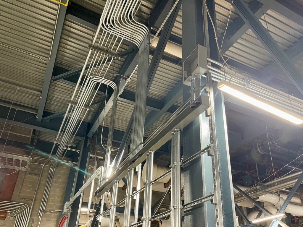 Panel layout and overhead conduit work that Ivan Lindberg helped work on during a project at the Mercy Health downtown Youngstown hospital.