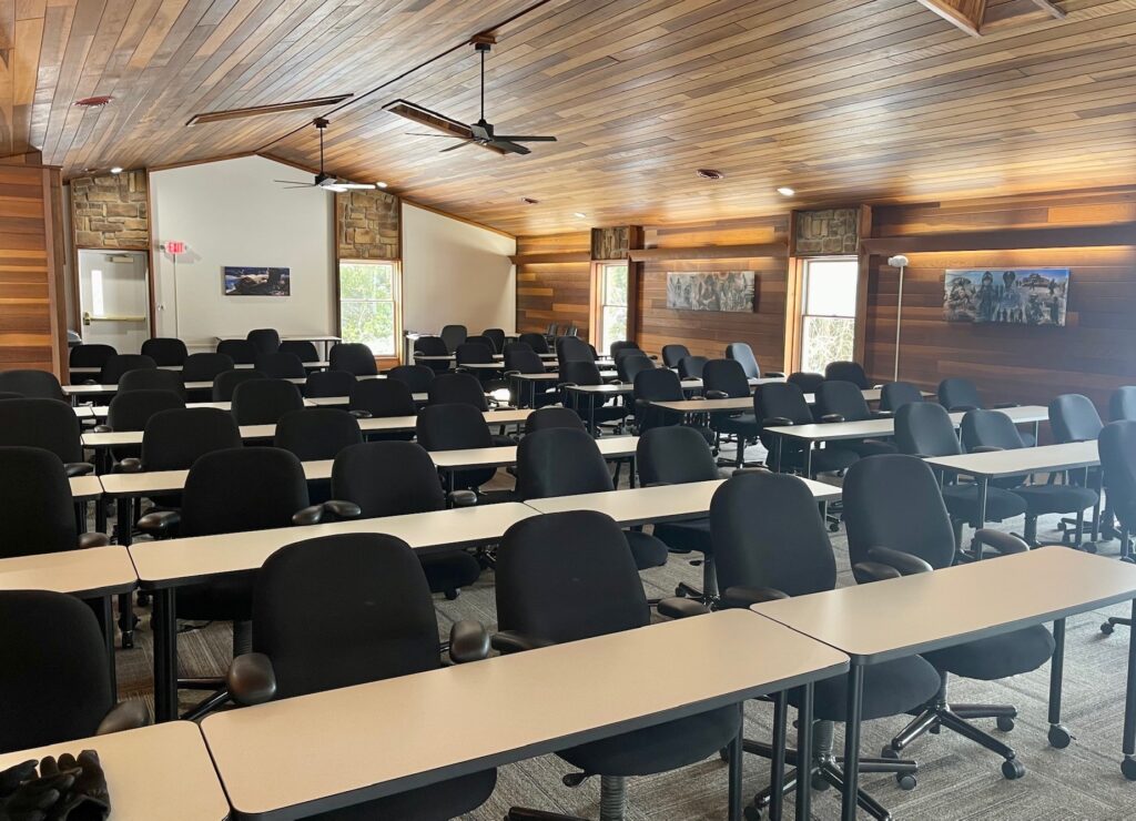 A former pool space was turned into a large conference room for first responder trainings.