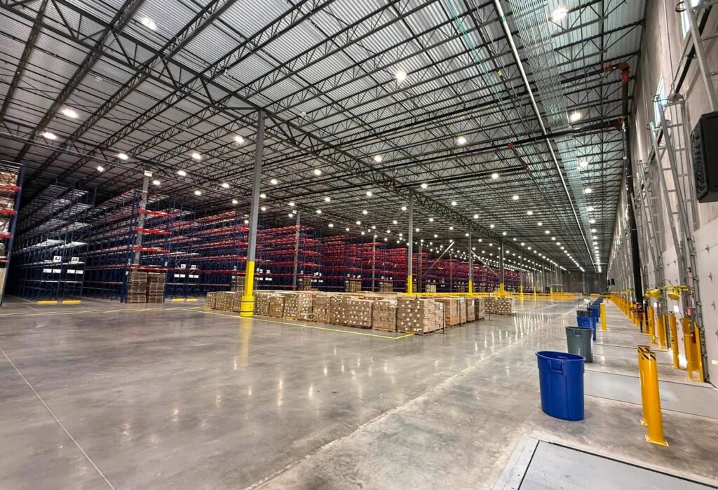 Inside the Steelite warehouse in New Castle. Shows the high bay lighting that MG Electric installed.