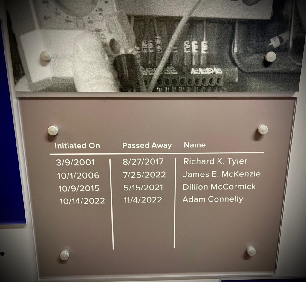 Adam Connelly's name on the IBEW Local 573 remembrance wall at the JATC.