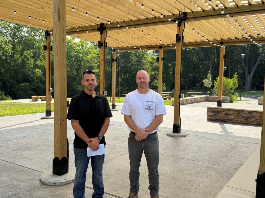 Dale Barber, project manager, and Bob Thomas, foreman, at CR Electric at the pavilion at Riverside Park and canoe launch.
