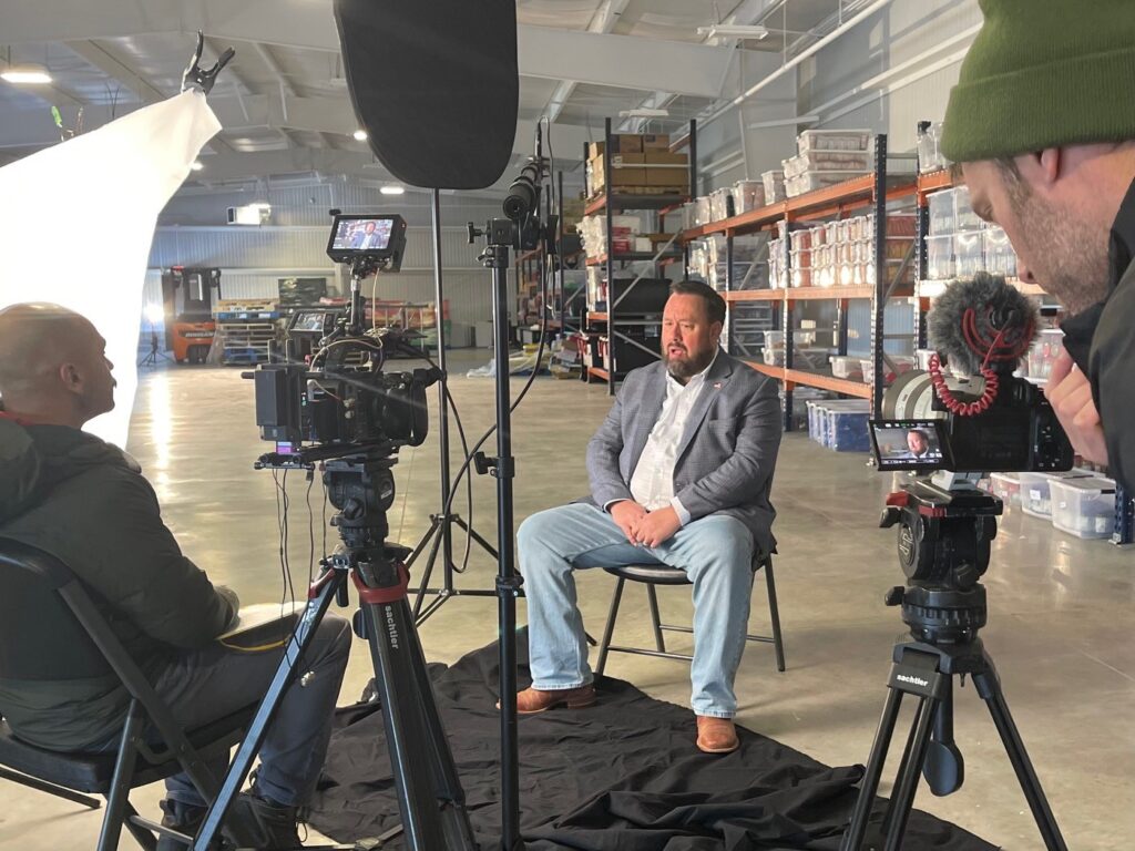 Eric Carlson, president of Dickey Electric, being interviewed for Electric TV's feature on the company and its role in volunteer work.