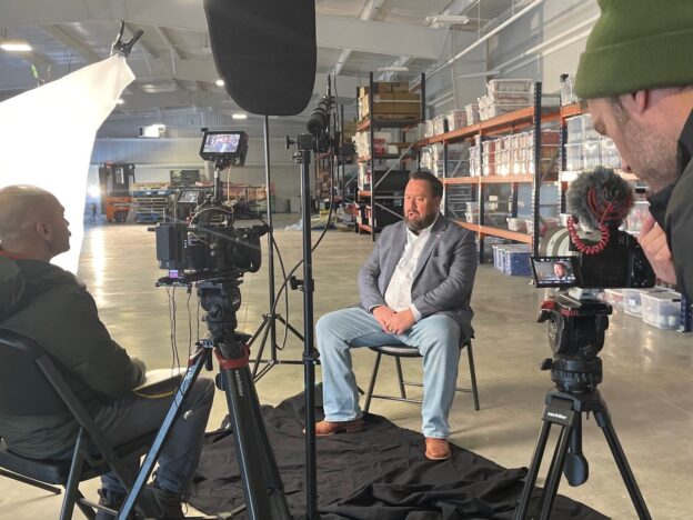 Eric Carlson, president of Dickey Electric, being interviewed for Electric TV feature on the company's work with United Way and volunteerism efforts with other NECA-IBEW Electricians.