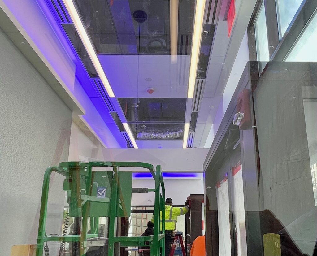 Inside view of blue lighting at Chase Bank in downtown Youngstown.