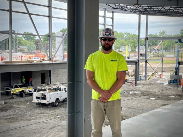 Becdel Controls foreman Ryan Brant on second floor of wellness and recreation center.