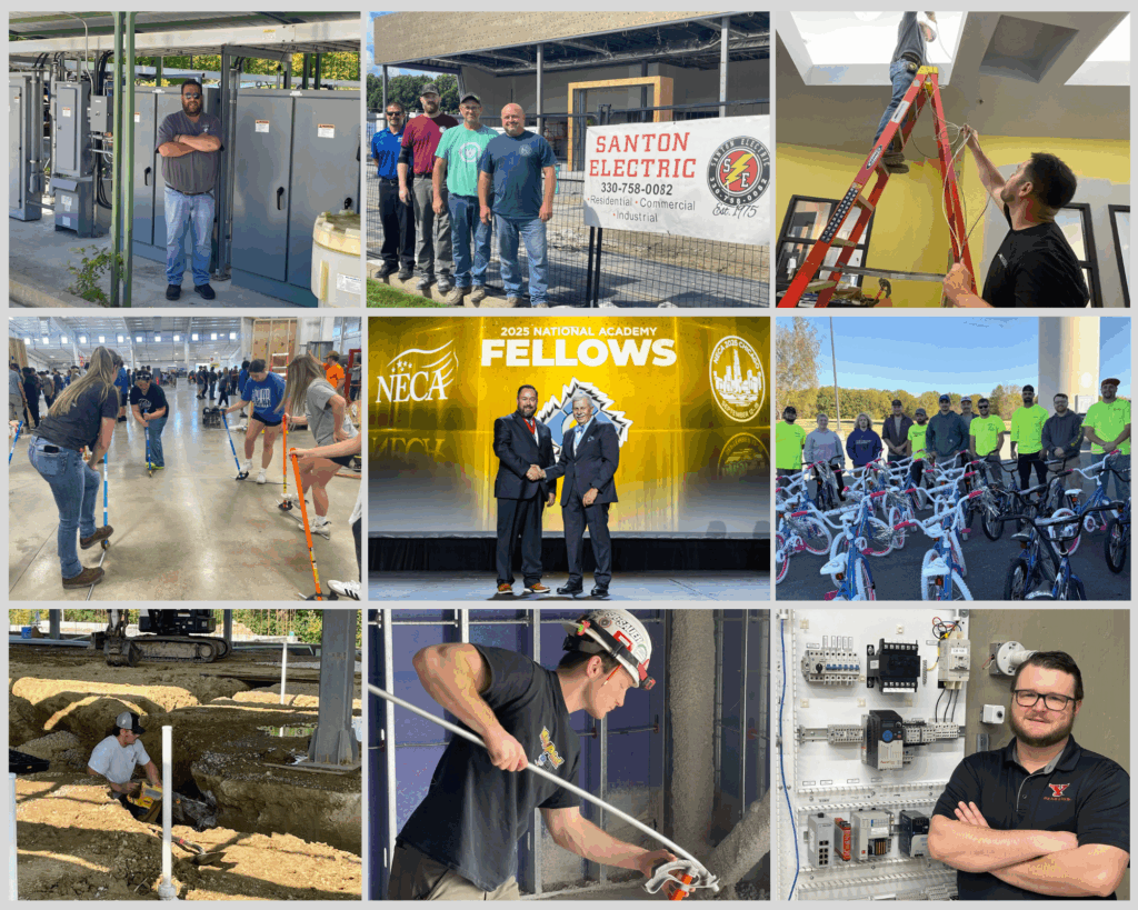 Picture collage of electrical contractors and IBEW Local 64 and 573 electricians at various projects in the Mahoning Valley. 