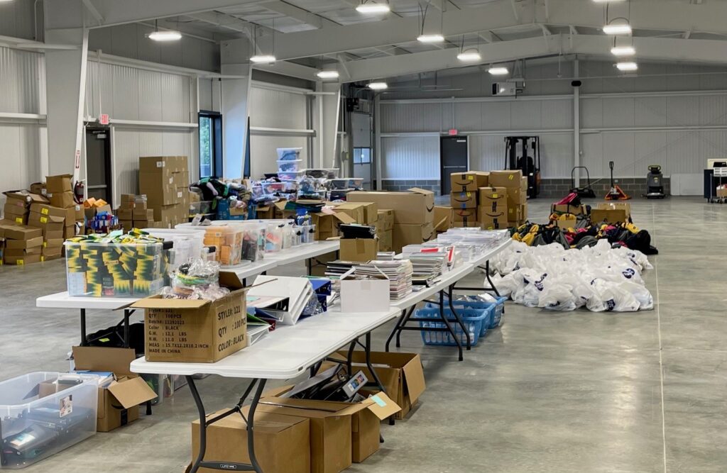 Warehouse at volunteer center allows for enough space for volunteers to work on United Way initiatives like Saturday of Caring.